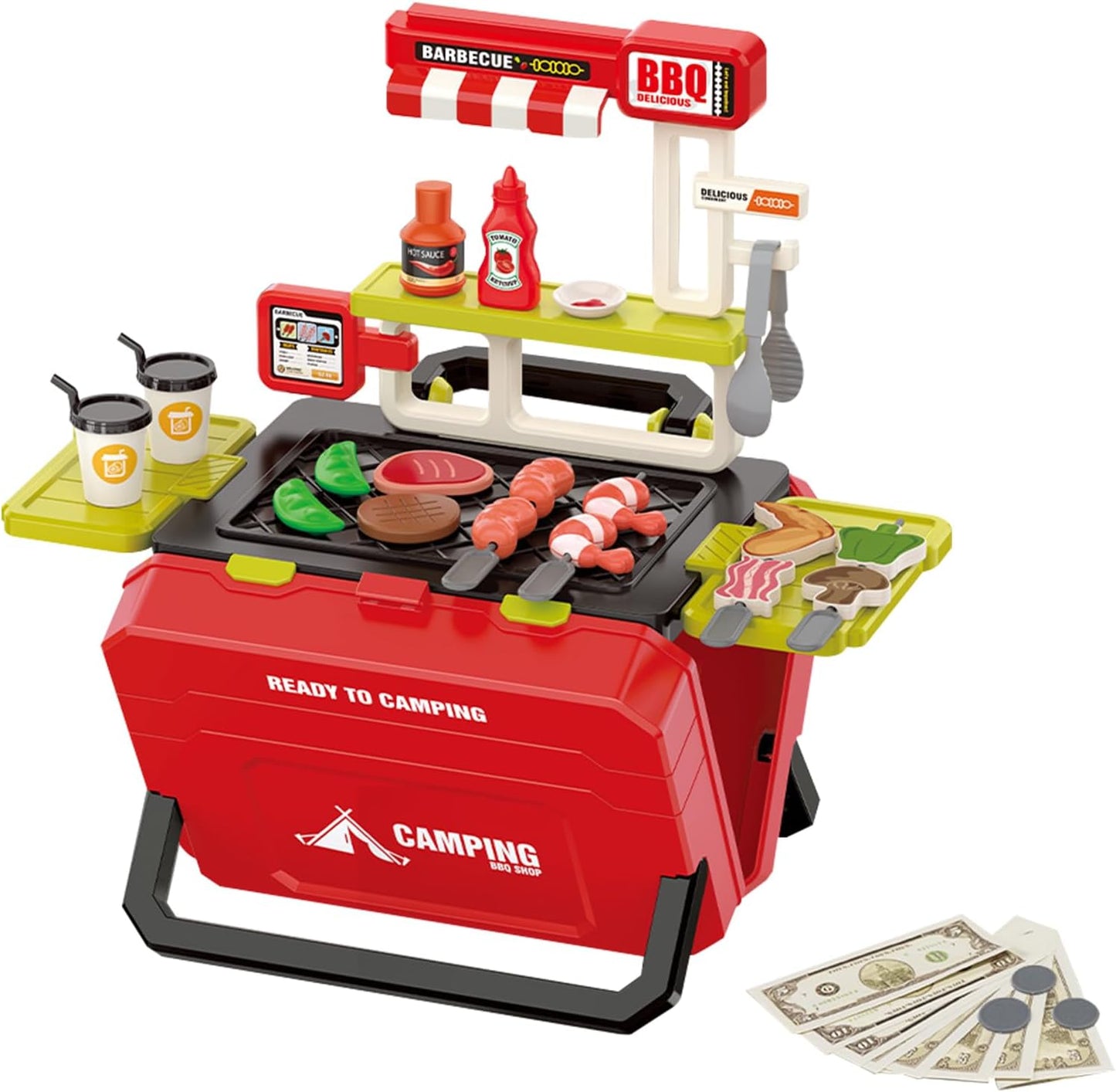 HUAJUN Kids Play Kitchen Toys 51 Piece Cookware Playset BBQ Grill Set Red NEW