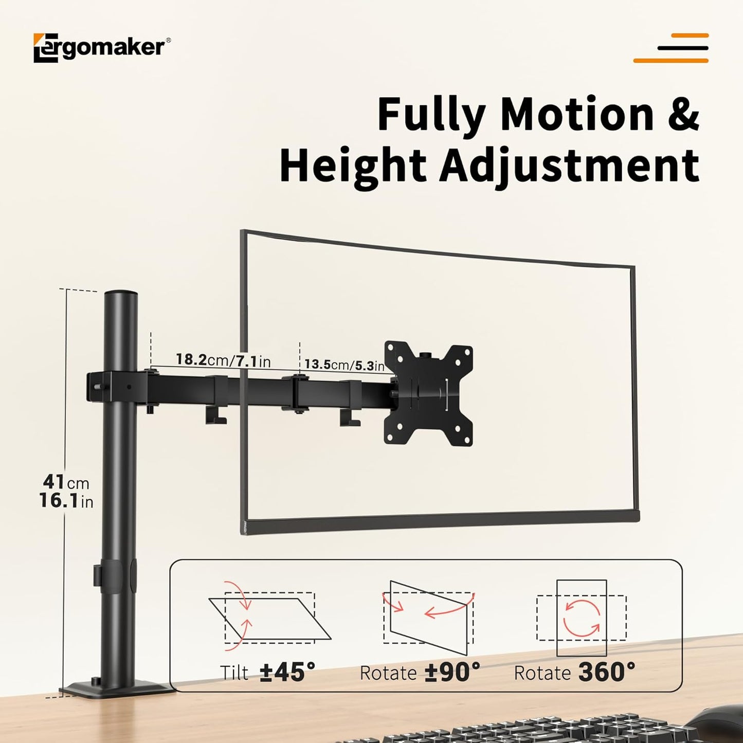 ERGOMAKER Fully Adjustable Monitor Arm for Screens up to 13 Inches Black NEW