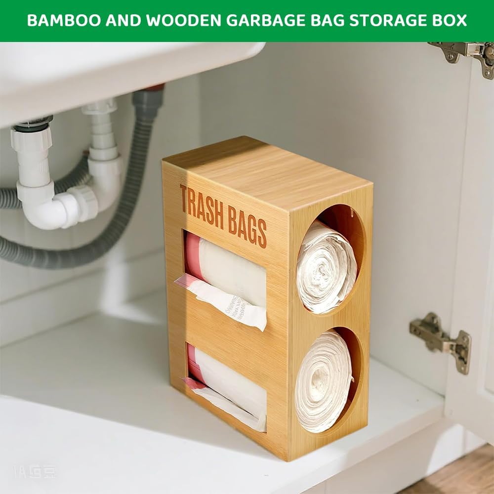 JIUSEGE Bamboo 2-in-1 Dispenser Holder for Jumbo Trash Bag & Paper Towel NEW