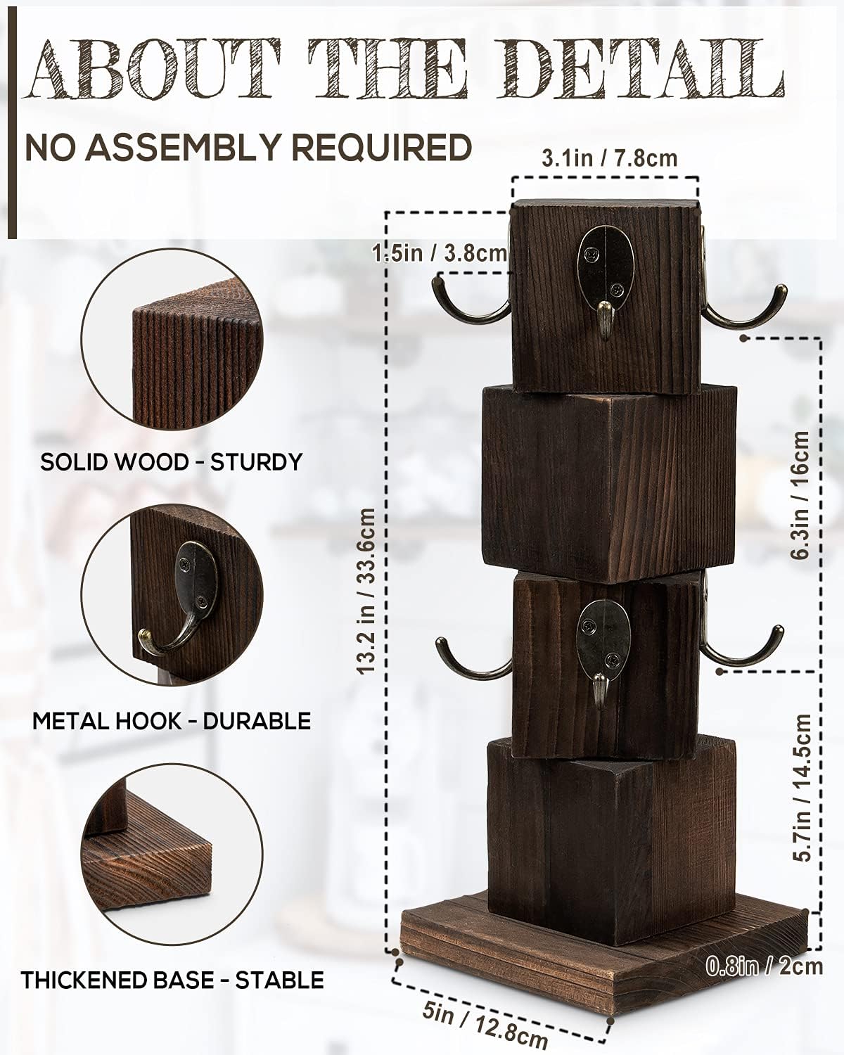 PUERSI Rustic Solid Wood Mug Tree Farmhouse Style Coffee Holder Organizer NEW