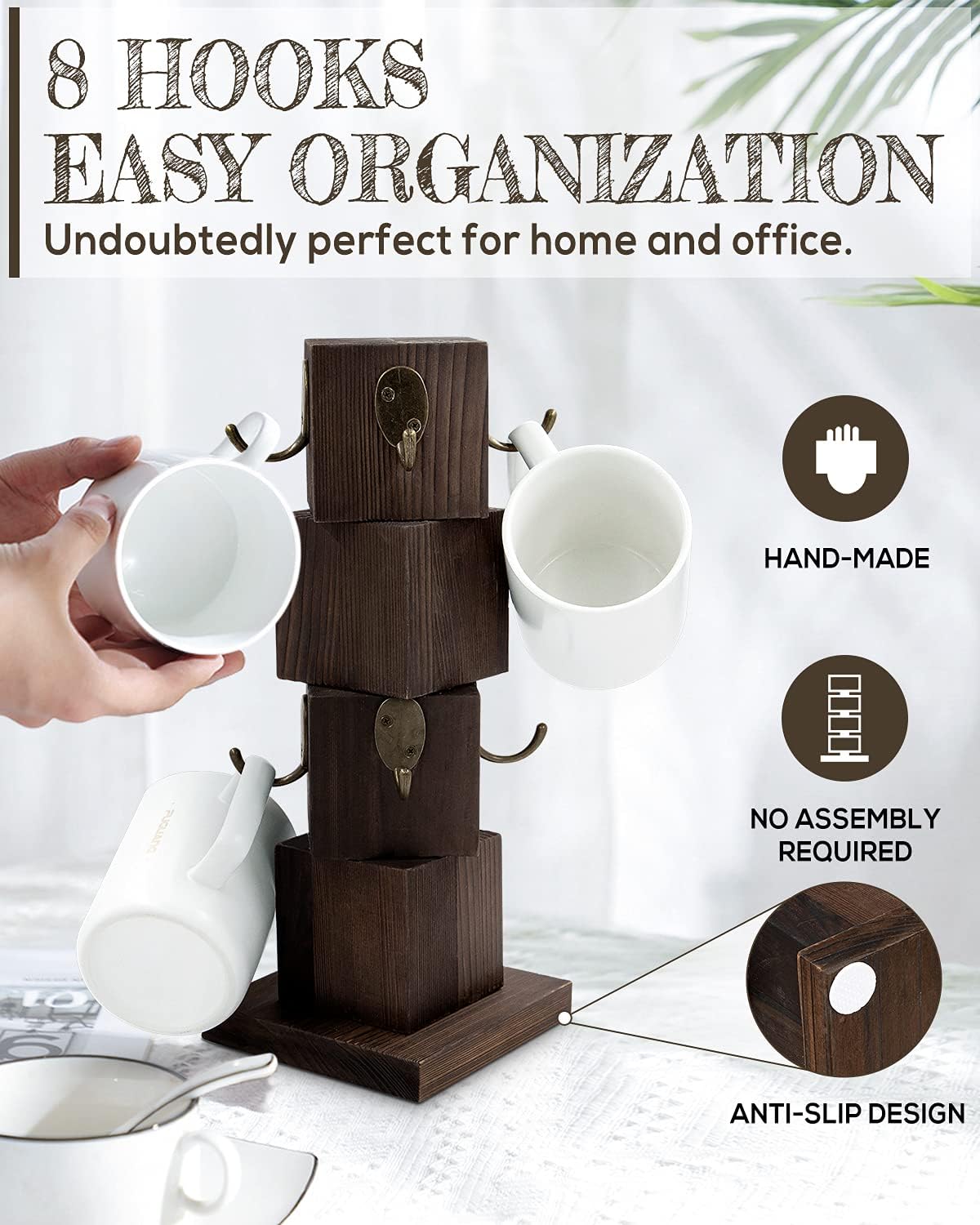 PUERSI Rustic Solid Wood Mug Tree Farmhouse Style Coffee Holder Organizer NEW