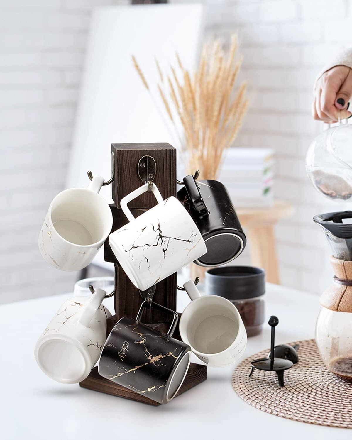 PUERSI Rustic Solid Wood Mug Tree Farmhouse Style Coffee Holder Organizer NEW