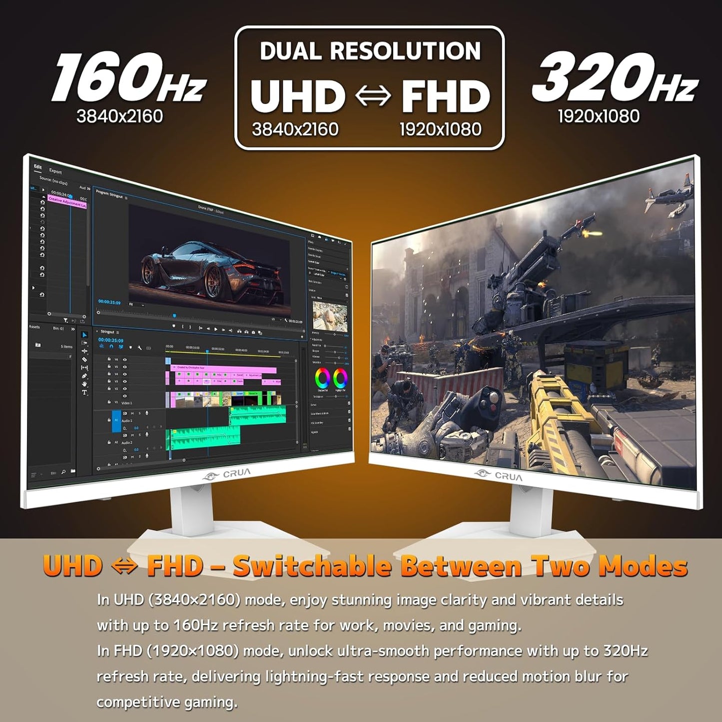 CRUA 4K Monitors 160Hz / 1K 320Hz IPS Gaming Monitor with Ultrafast DEMO