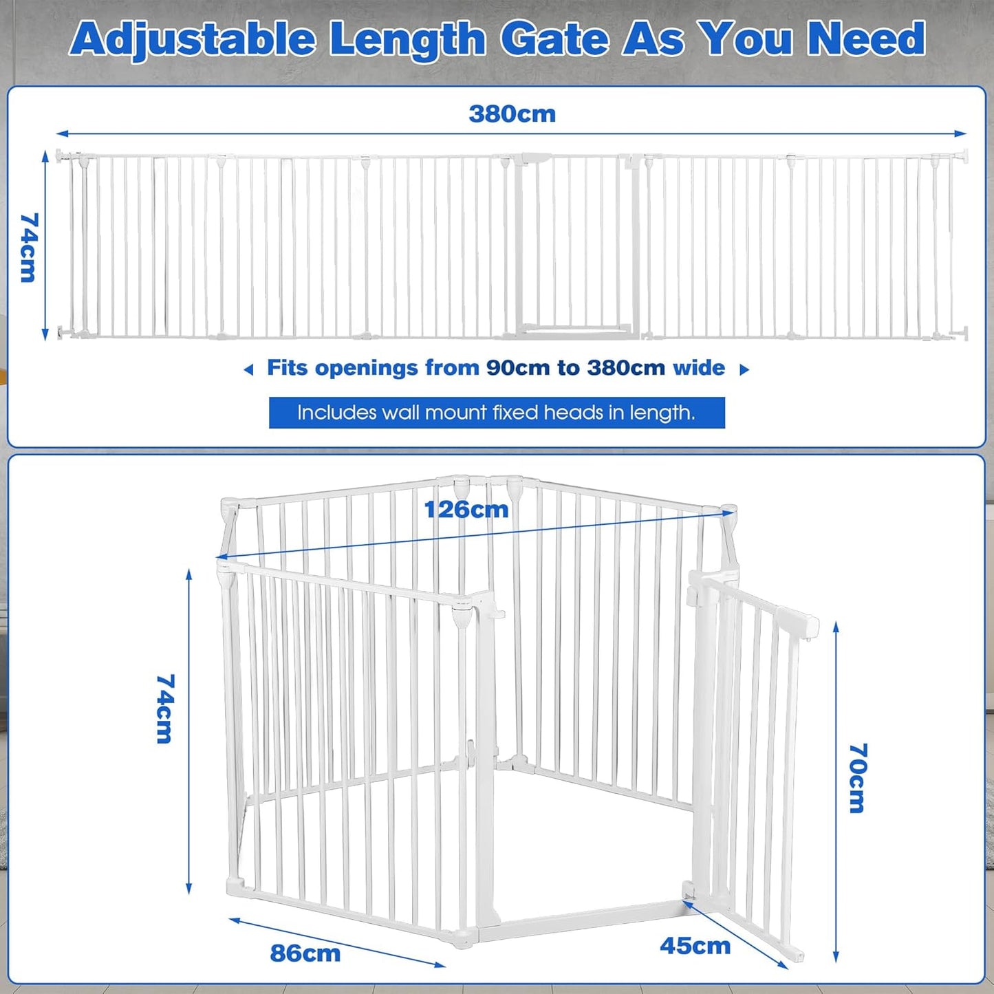 ADVWIN Adjustable Extra Wide Metal Dog Gate with Door, 90-380cm, White NEW