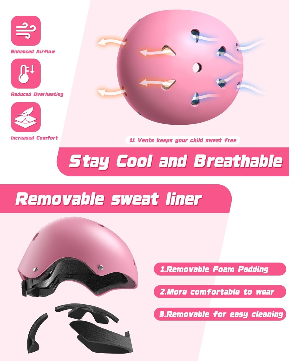 ABCAIAU Children's Helmets with Knee Elbow Wrist Pads Adjustable Pink Size M NEW