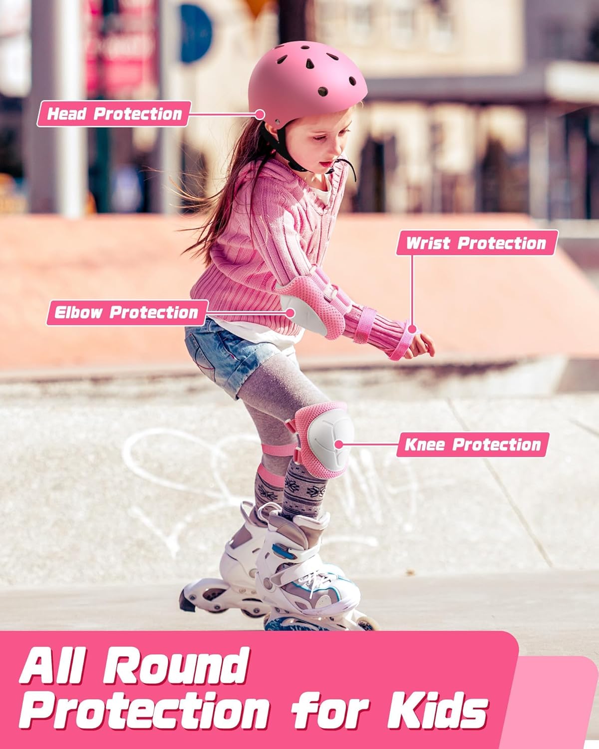 ABCAIAU Children's Helmets with Knee Elbow Wrist Pads Adjustable Pink Size M NEW