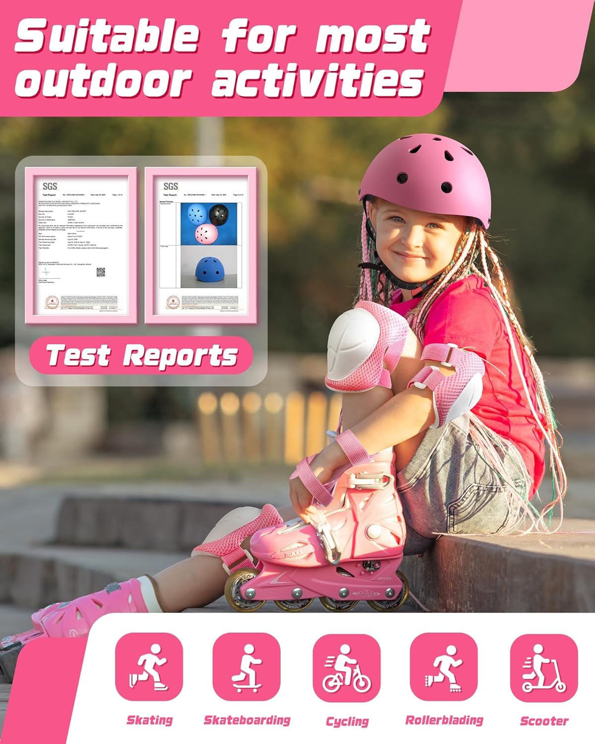 ABCAIAU Children's Helmets with Knee Elbow Wrist Pads Adjustable Pink Size M NEW