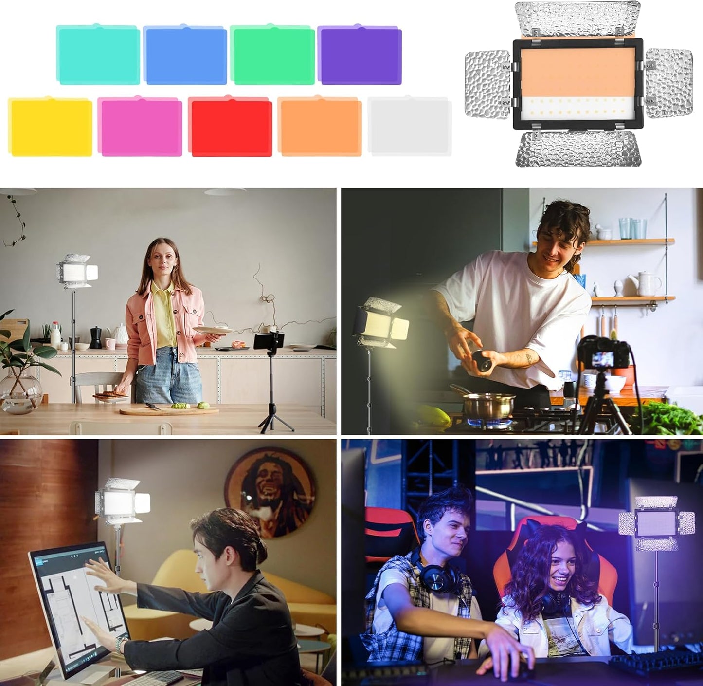 EMART Dimmable LED Video Lighting Kit with Barndoor and 8 Color Modes NEW