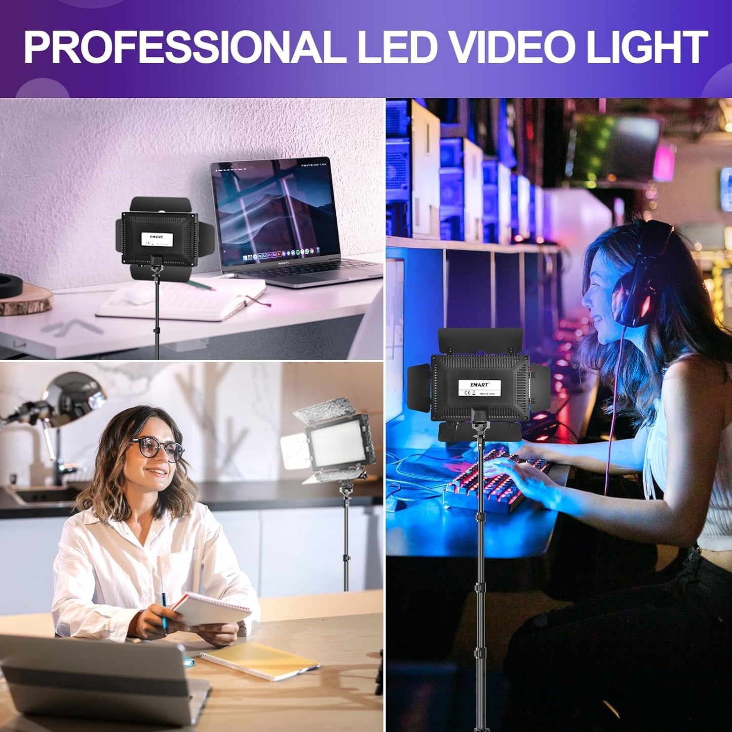EMART Dimmable LED Video Lighting Kit with Barndoor and 8 Color Modes NEW