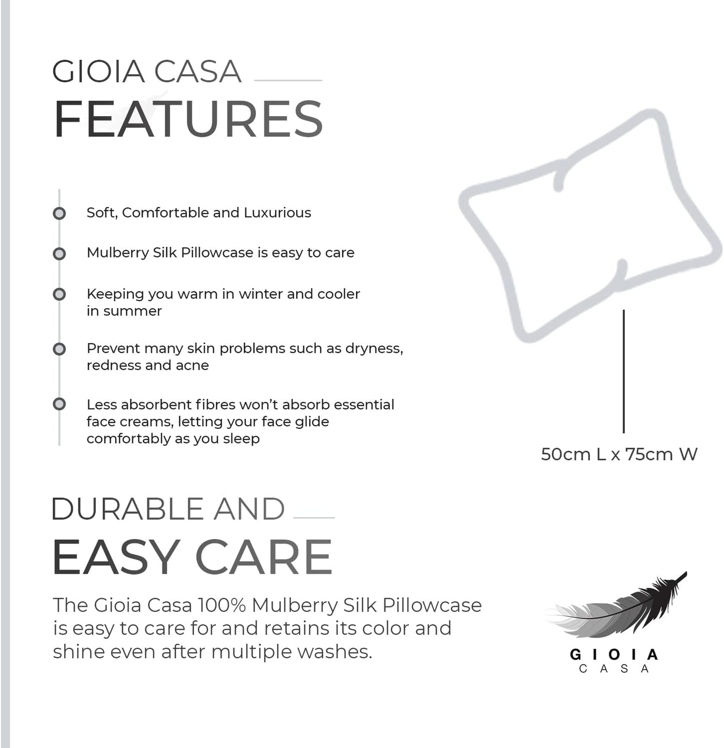 Gioia Casa Pillowcases Luxury Silk Pillowcase Soft Anti-Aging 100% Mulberry NEW