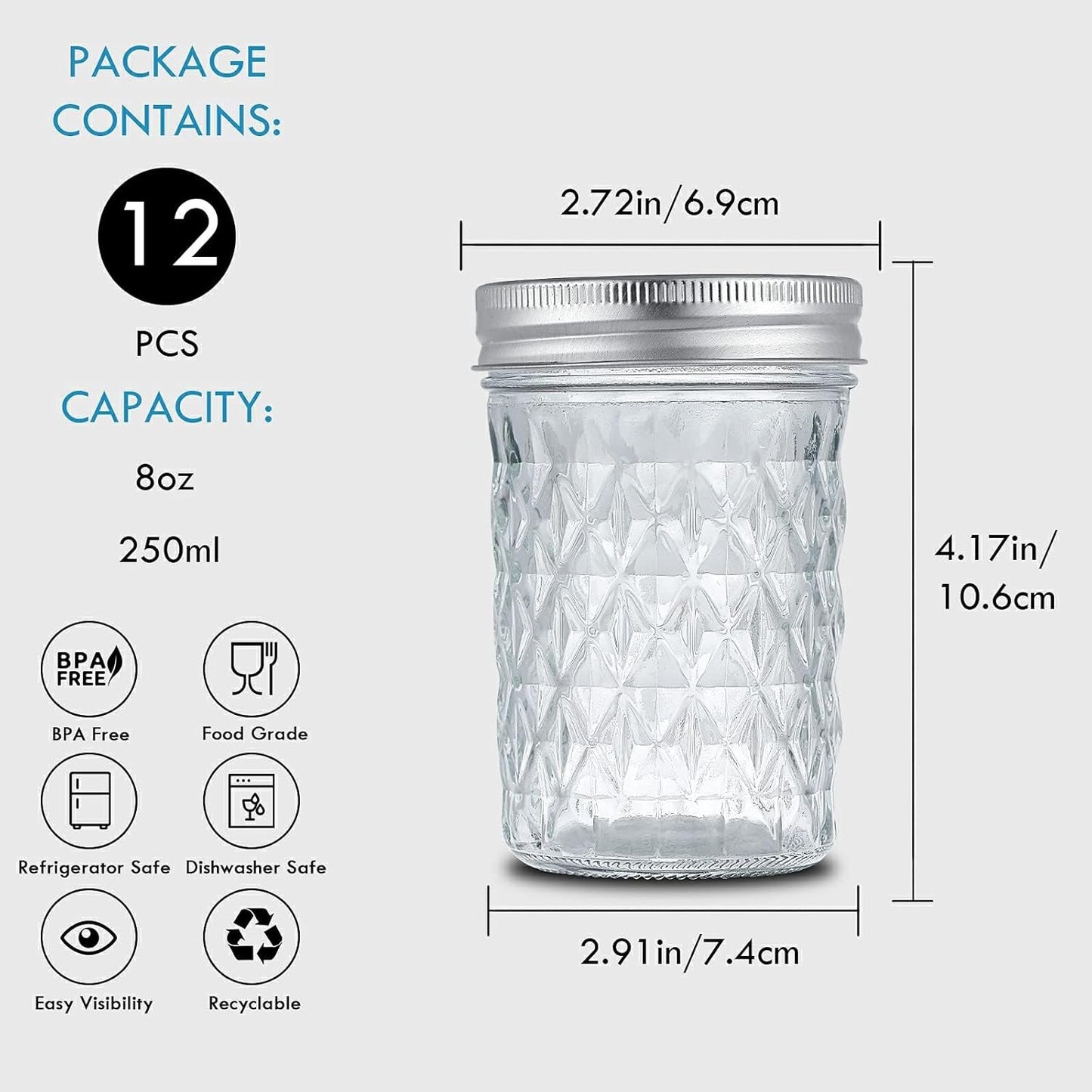 Anfower 12-Pack 250ml Glass Mason Jars with Airtight Lids and Bands NEW