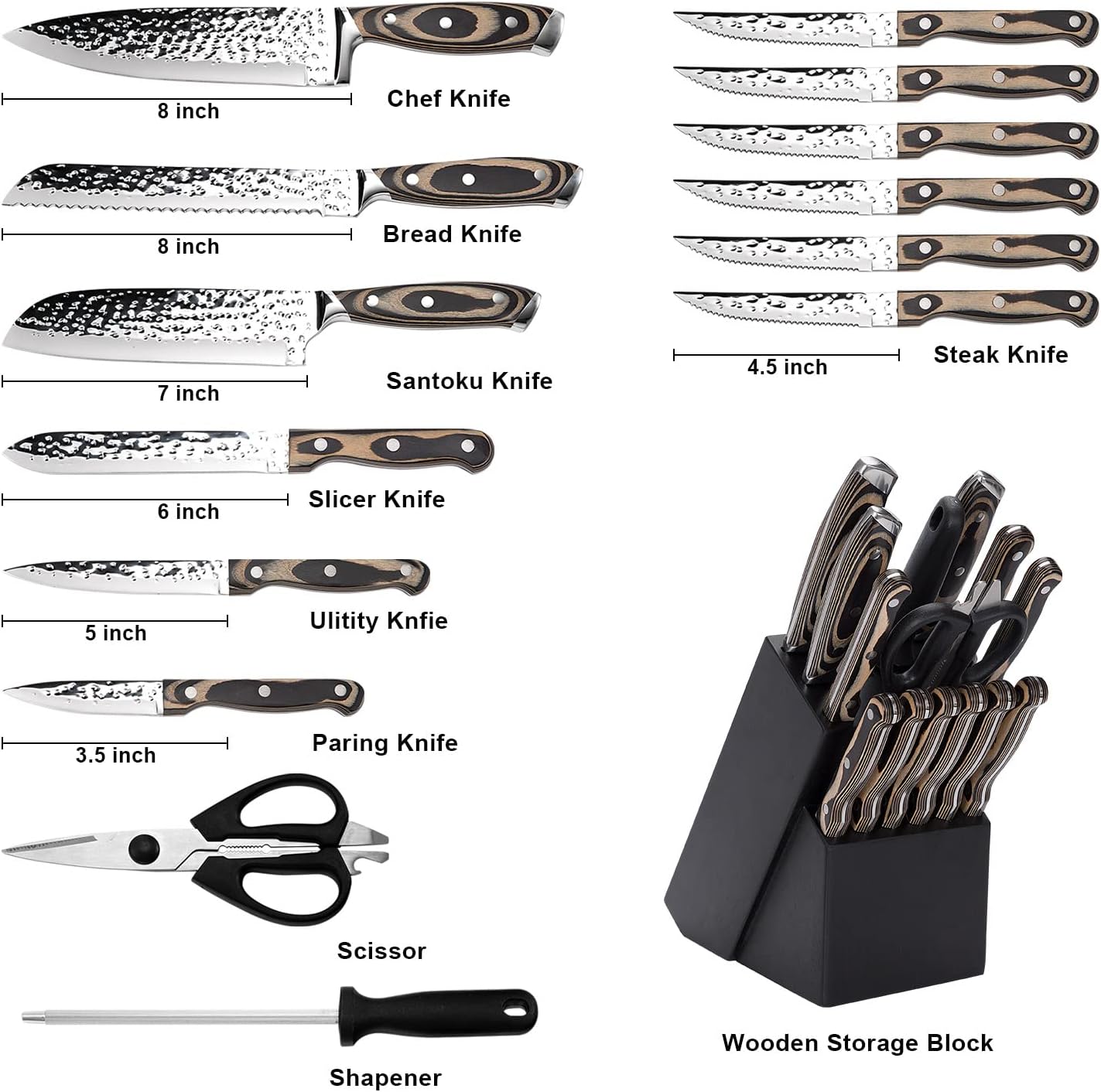 Wodillo 15-Piece Kitchen Knife Set with Wooden Storage Block High Carbon NEW