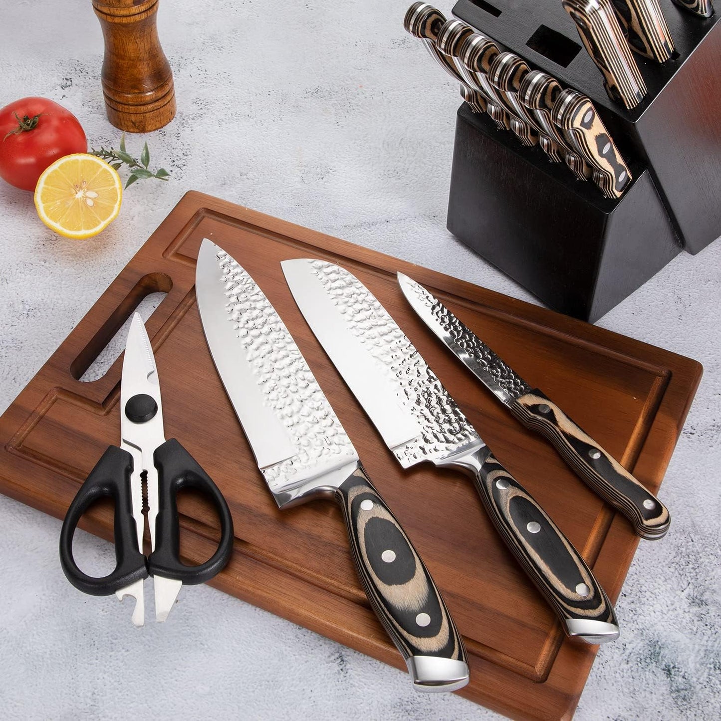 Wodillo 15-Piece Kitchen Knife Set with Wooden Storage Block High Carbon NEW