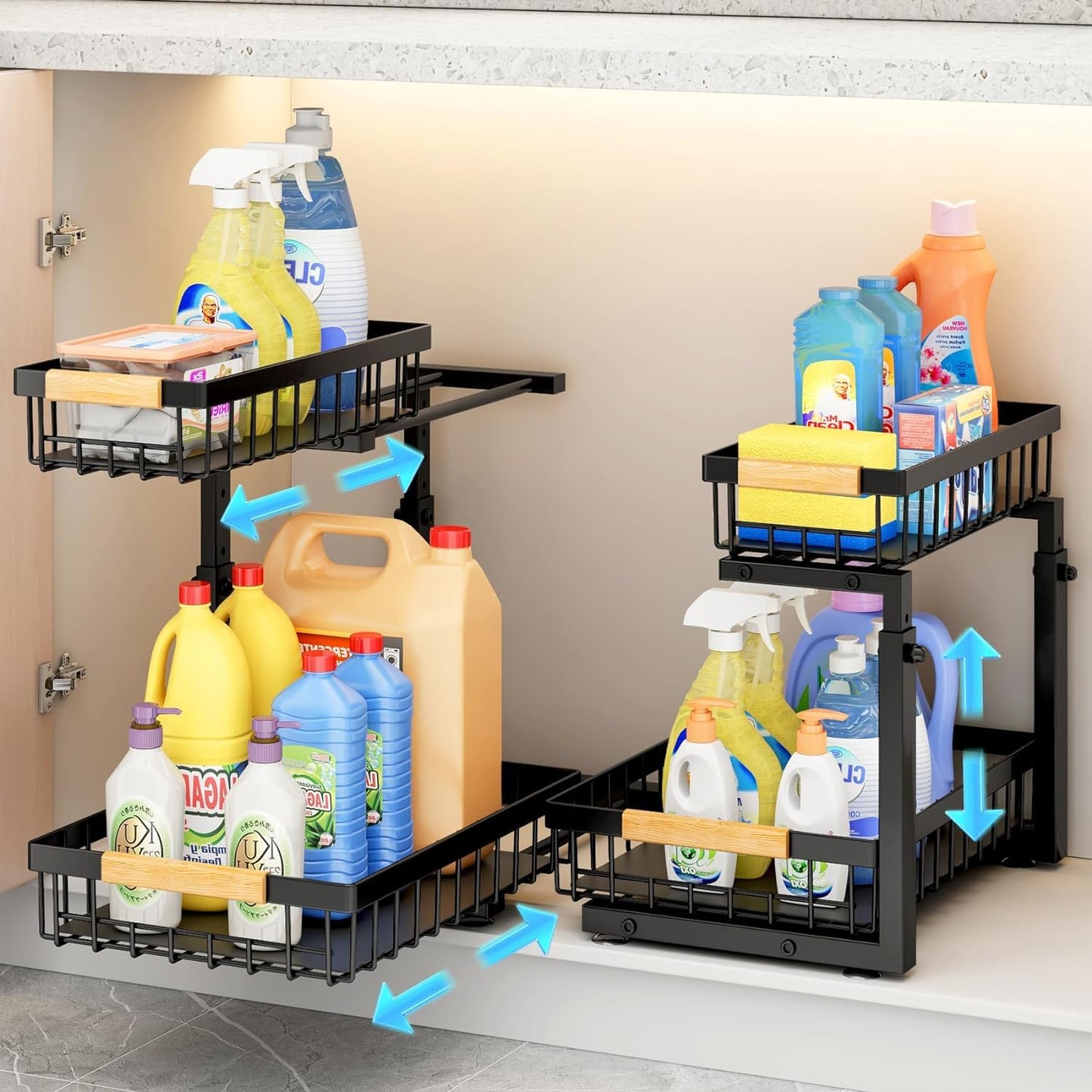 MIHU 2-Tier Slide-Out Under Sink Organizer Storage Rack, Black, 2-Pack NEW