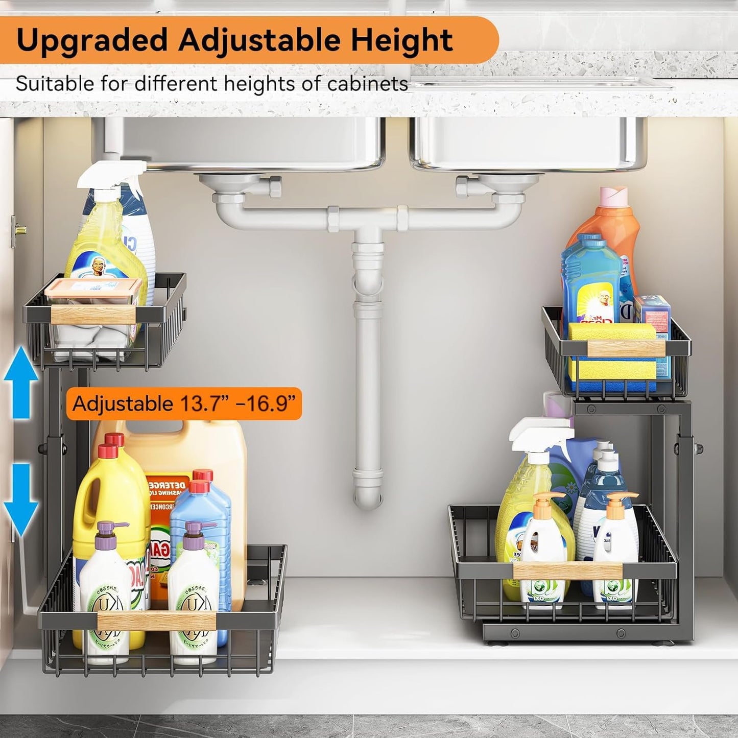 MIHU 2-Tier Slide-Out Under Sink Organizer Storage Rack, Black, 2-Pack NEW
