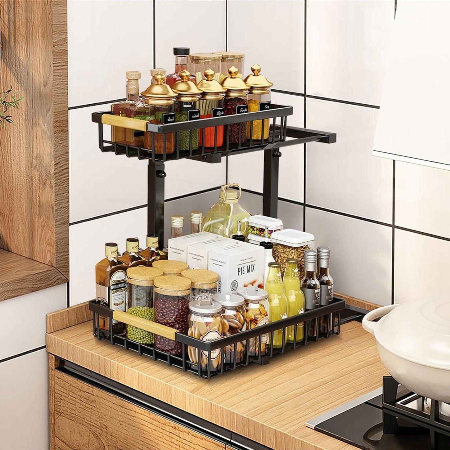 MIHU 2-Tier Slide-Out Under Sink Organizer Storage Rack, Black, 2-Pack NEW