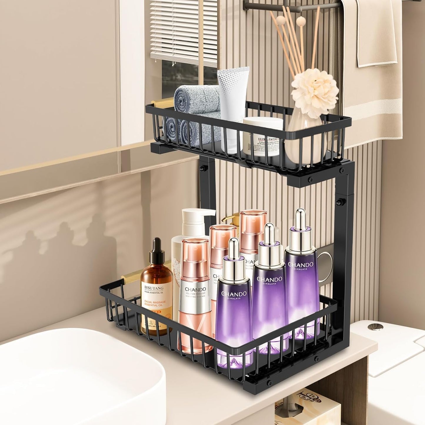 MIHU 2-Tier Slide-Out Under Sink Organizer Storage Rack, Black, 2-Pack NEW