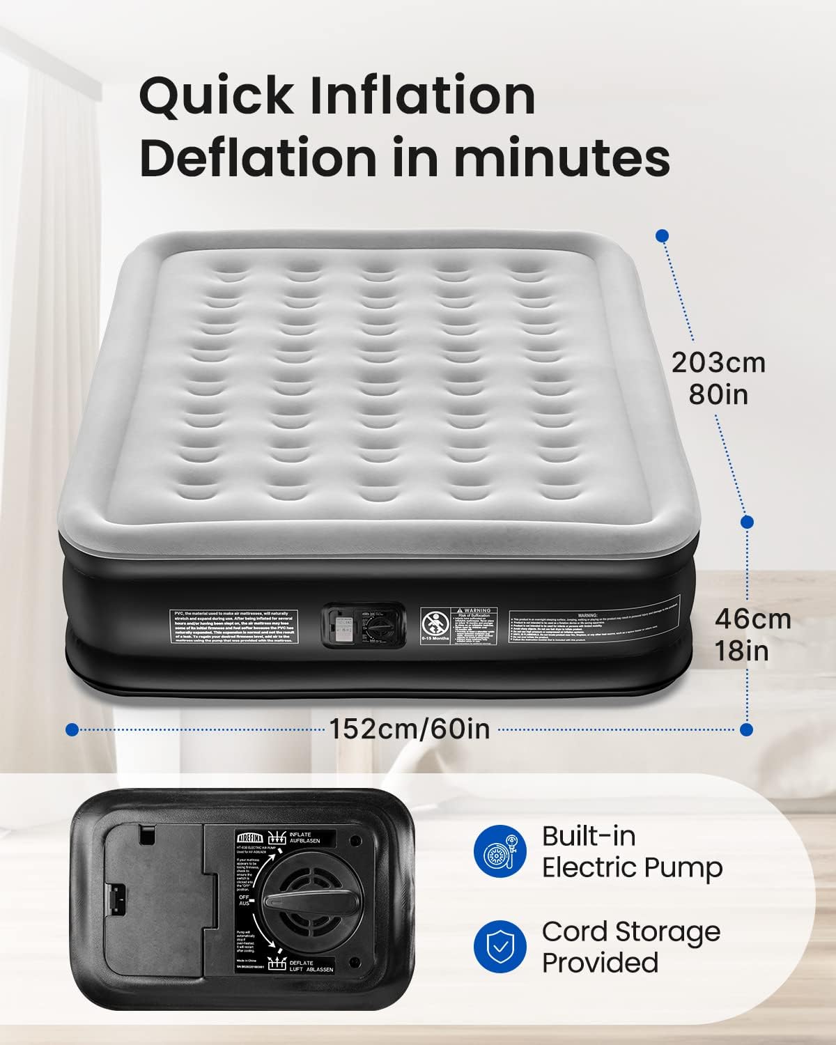 Airefina Queen Size Inflatable Air Mattress with Built-in Electric Pump Grey NEW