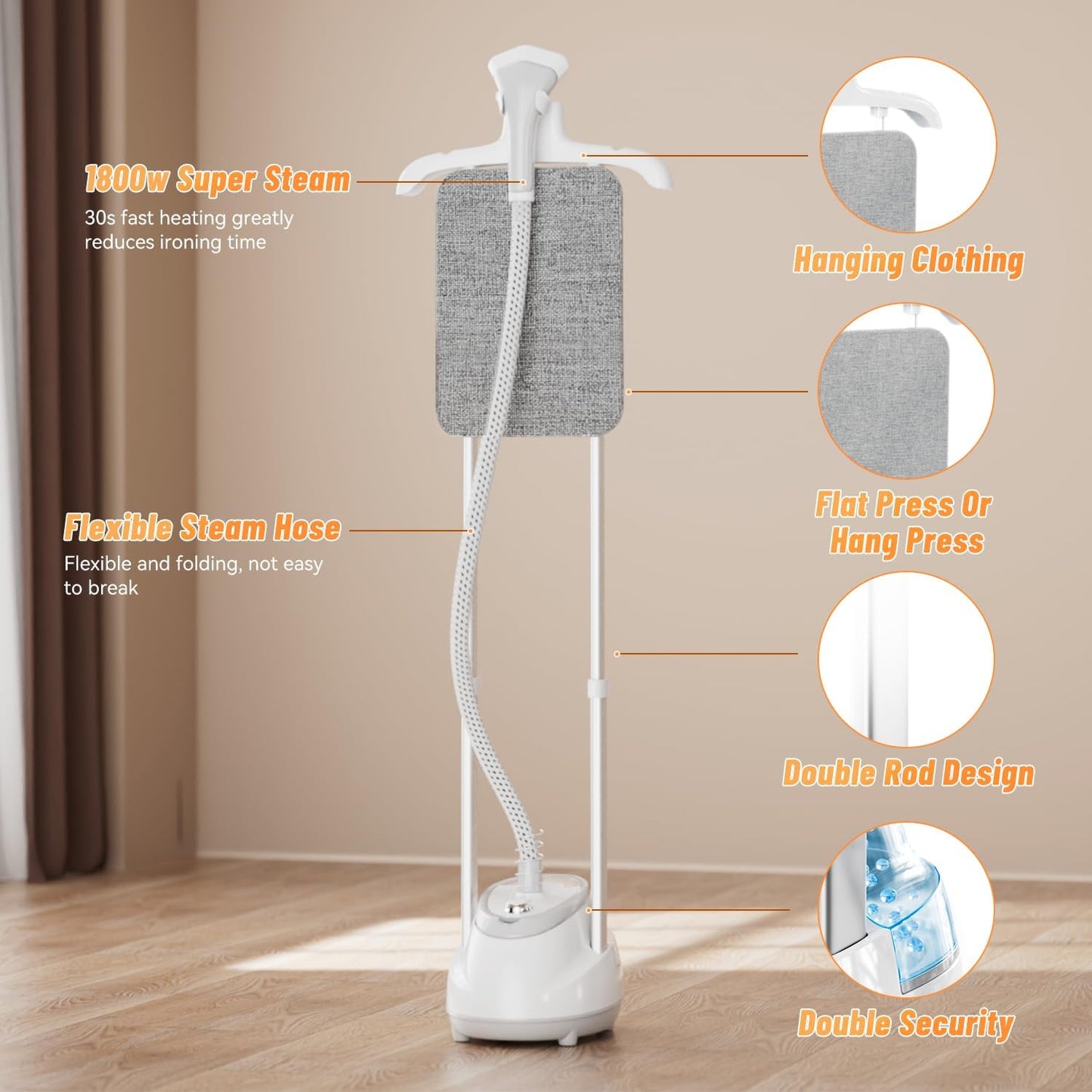 Shanghigh 1800W Adjustable Steam Garment Steamer, White Electric Clothes DEMO