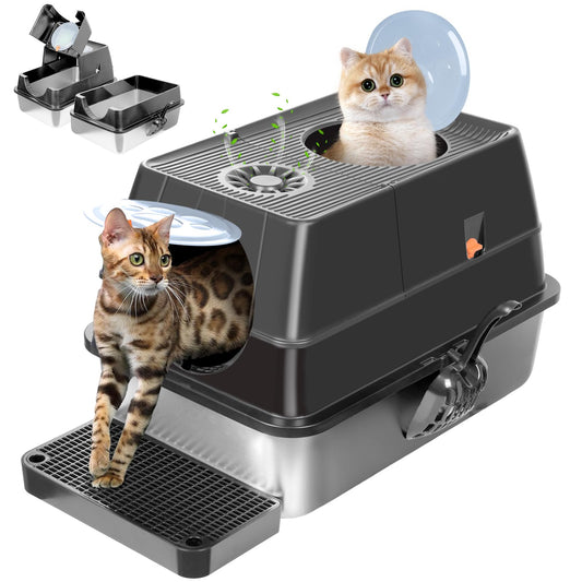 QZTHOU Large Enclosed Stainless Steel Cat Litter Box with Removable Metal NEW