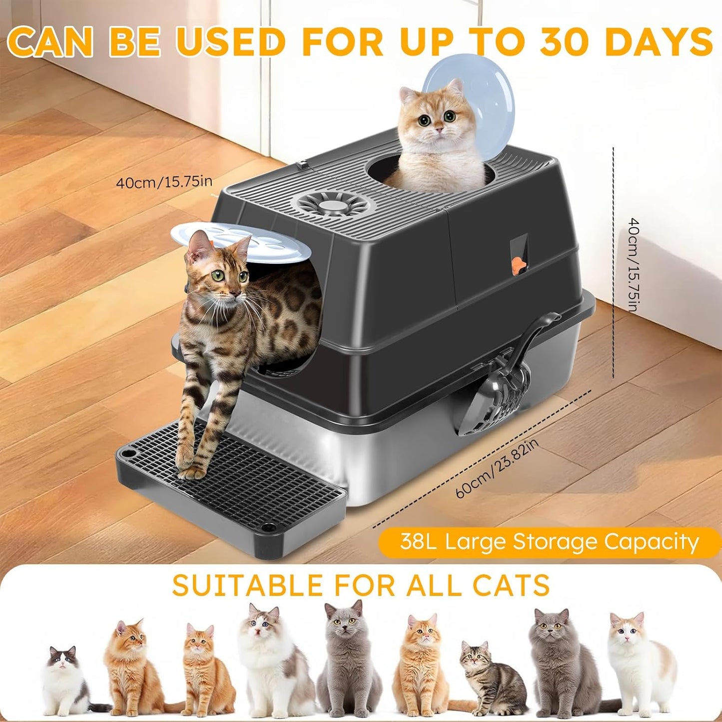 QZTHOU Large Enclosed Stainless Steel Cat Litter Box with Removable Metal NEW