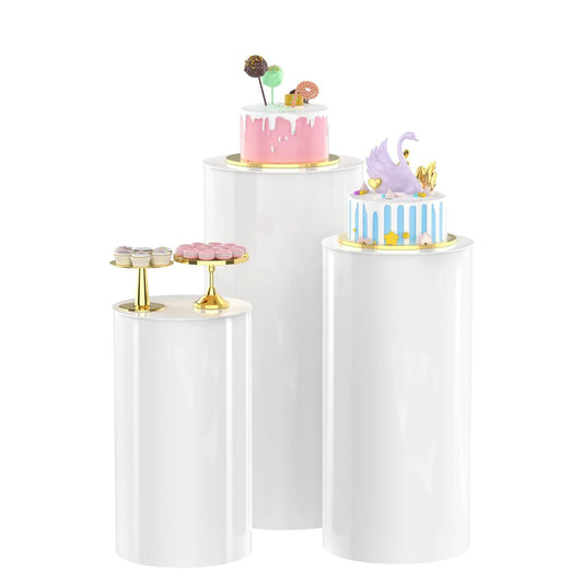 MANYUK 3Pcs White Cylinder Pedestal Stands Round Display Plinth for Cake DEMO