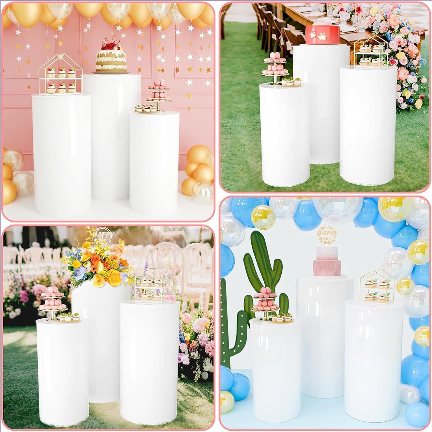 MANYUK 3Pcs White Cylinder Pedestal Stands Round Display Plinth for Cake DEMO