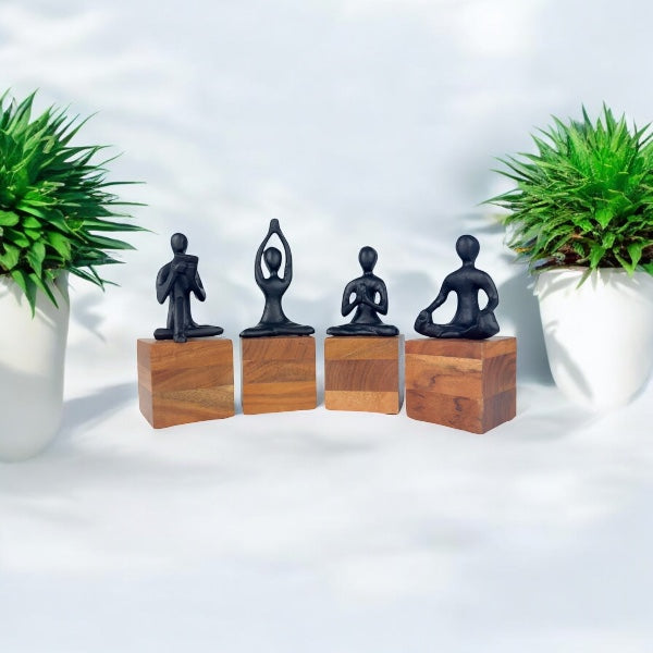 Handcrafted Tranquil Yoga Figurines  Black Aluminium on Wooden Base NEW
