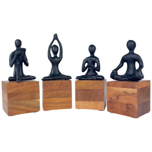 Handcrafted Tranquil Yoga Figurines  Black Aluminium on Wooden Base NEW