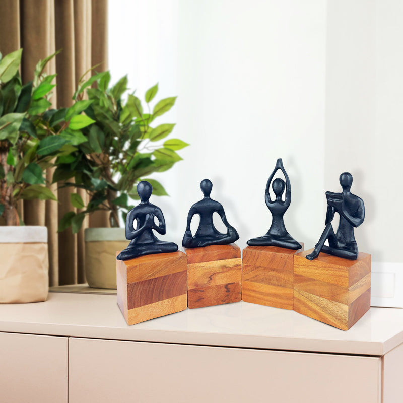 Handcrafted Tranquil Yoga Figurines  Black Aluminium on Wooden Base NEW