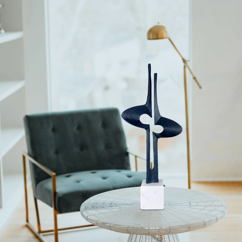Handcrafted Twin Aluminium Iron Sculpture Modern Abstract Art on Marble Base - Black Matte Powder Coating & White Marble Aluminium / Cast Iron Durable Design NEW