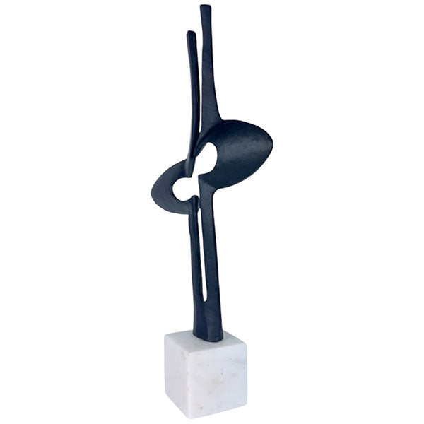 Handcrafted Twin Aluminium Iron Sculpture Modern Abstract Art on Marble Base - Black Matte Powder Coating & White Marble Aluminium / Cast Iron Durable Design NEW
