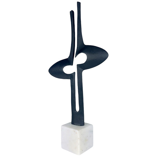 Handcrafted Twin Aluminium Iron Sculpture Modern Abstract Art on Marble Base - Black Matte Powder Coating & White Marble Aluminium / Cast Iron Durable Design NEW