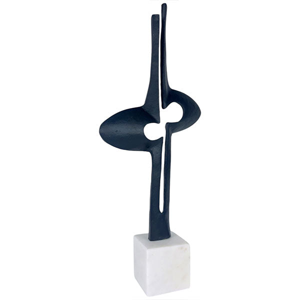 Handcrafted Twin Aluminium Iron Sculpture Modern Abstract Art on Marble Base - Black Matte Powder Coating & White Marble Aluminium / Cast Iron Durable Design NEW