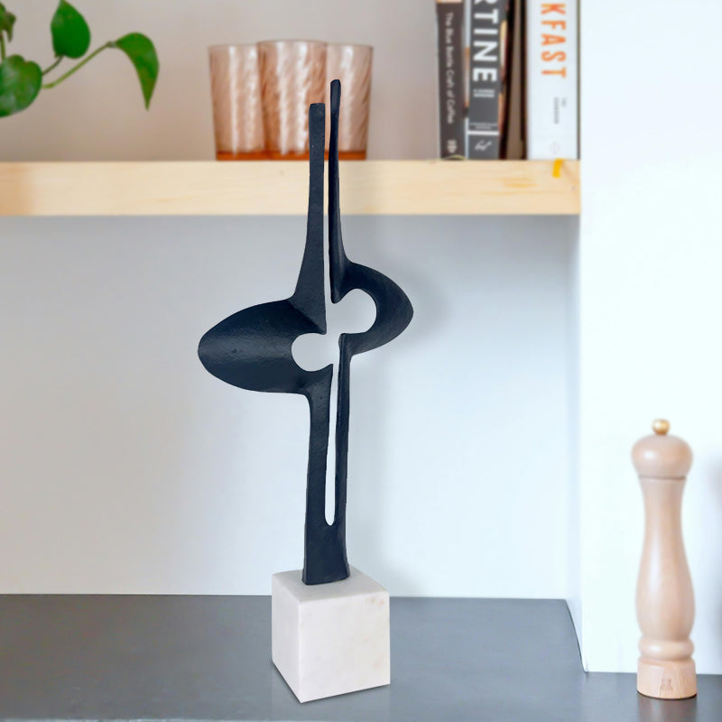 Handcrafted Twin Aluminium Iron Sculpture Modern Abstract Art on Marble Base - Black Matte Powder Coating & White Marble Aluminium / Cast Iron Durable Design NEW