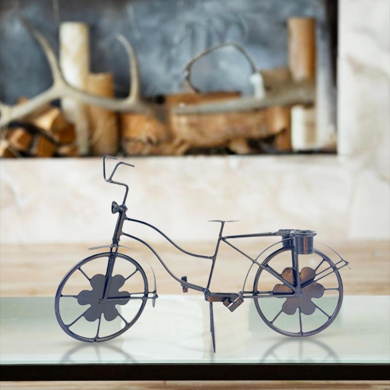 Handcrafted Rustic Iron Bike Accent Multifunctional Candle Plant Holder Black - Wood and Metal Lightweight Portable NEW