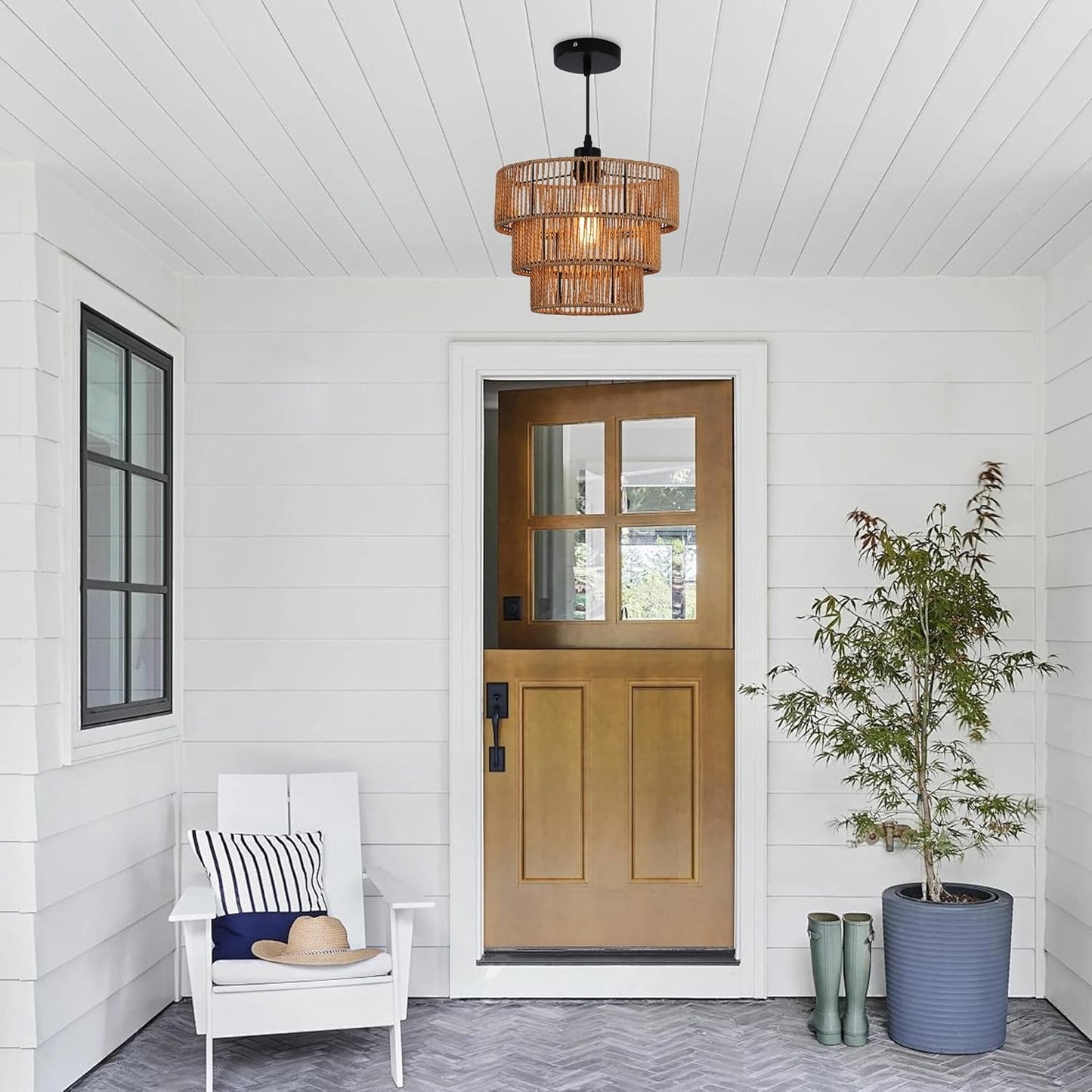 Oninio Boho Chandelier Light Fixture with Woven Rope Lampshade Online Australia