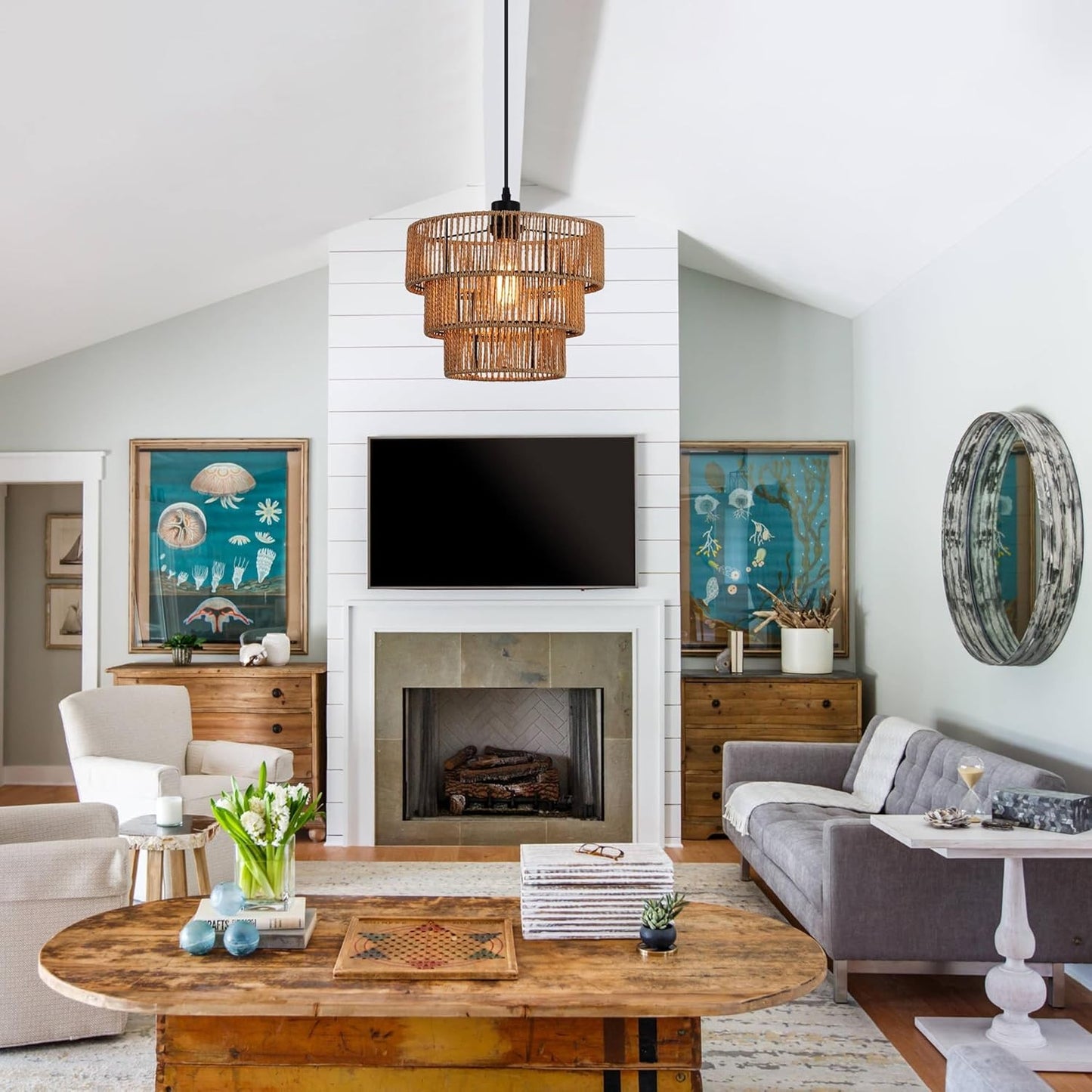 Oninio Boho Chandelier Light Fixture with Woven Rope Lampshade Online Australia