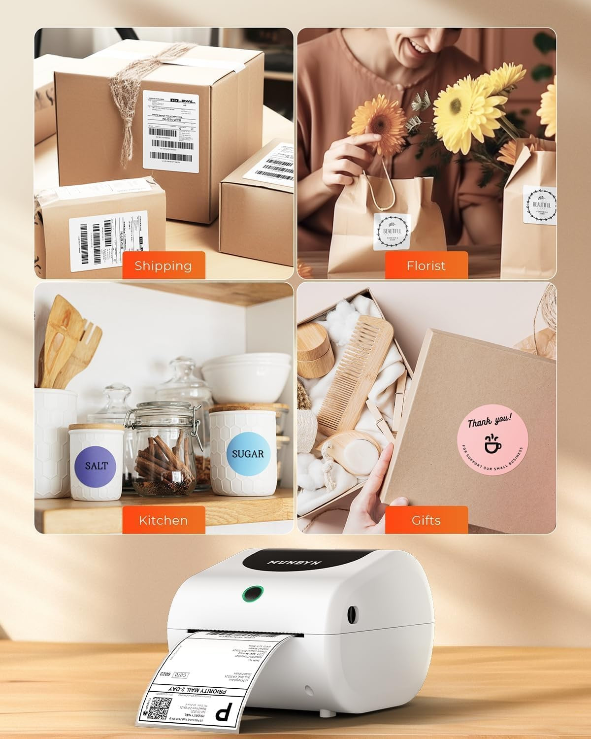 MUNBYN RW411B-WH Bluetooth Thermal Label Printer for Shipping Packages