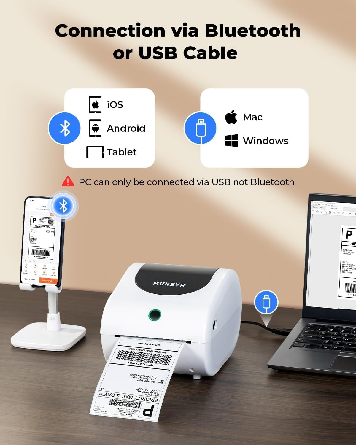 MUNBYN RW411B-WH Bluetooth Thermal Label Printer for Shipping Packages