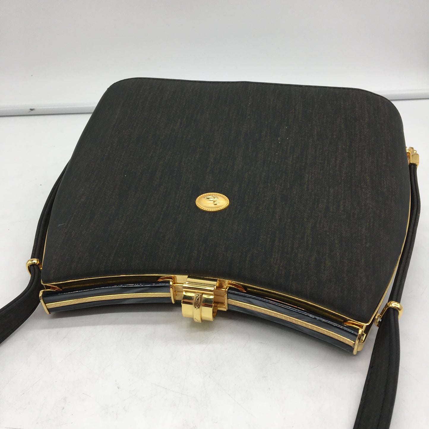 VINTAGE Jade Duck Brown Silky Fabric Toutoise Shell Look Gold Detail Handbag