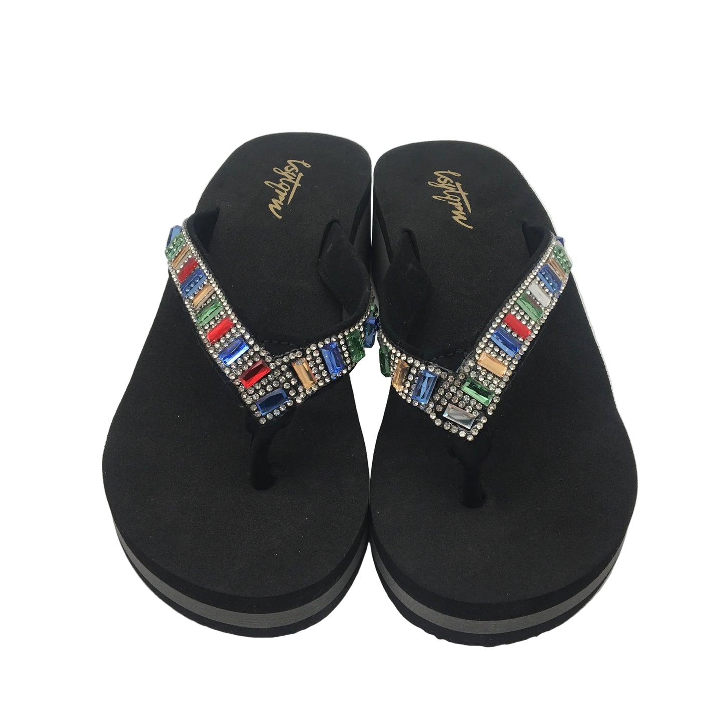 Lsytqrw Wedge Sandals Women Thong Bling Rhinestones US 7 Black NEW