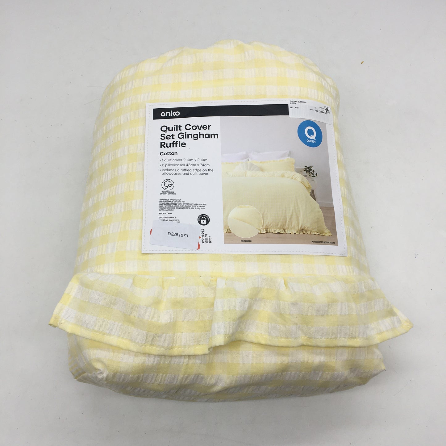Easy Care Gingham Ruffle Yellow Reversible 100% Cotton Quilt Cover Set QUEEN NEW