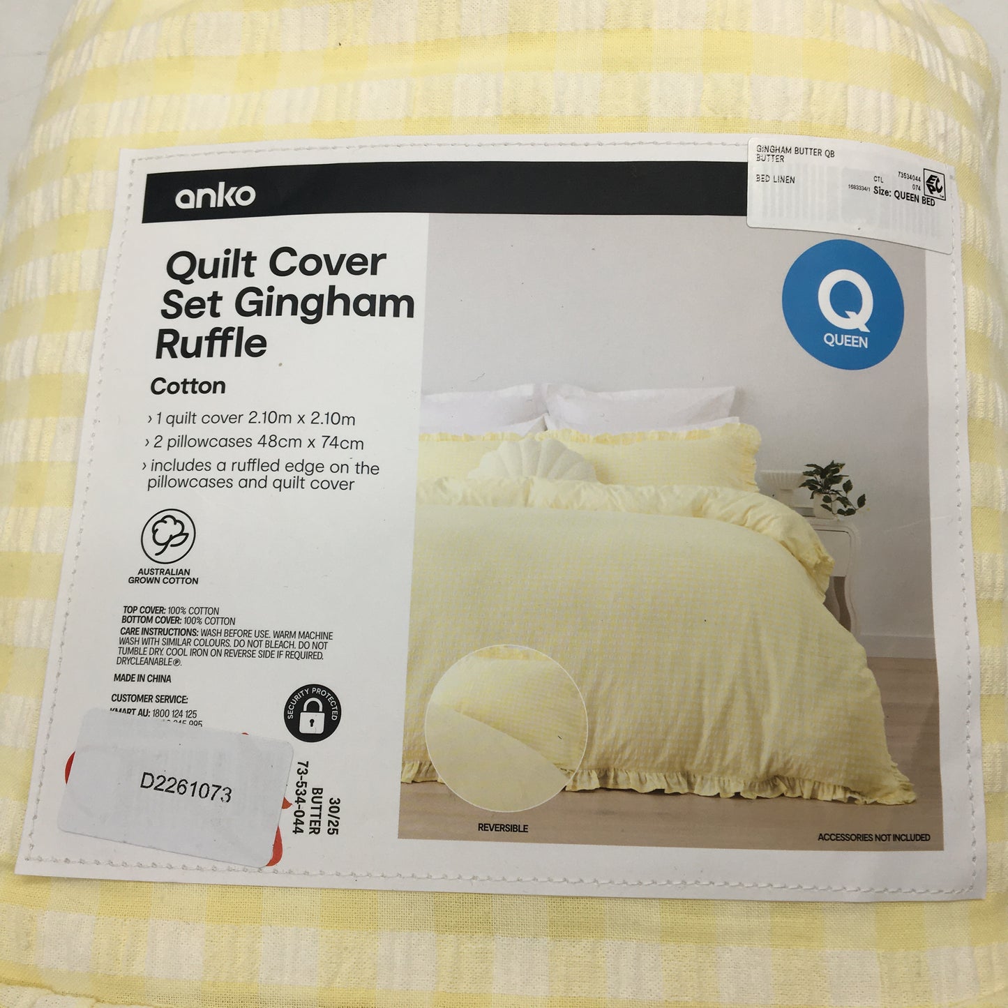 Easy Care Gingham Ruffle Yellow Reversible 100% Cotton Quilt Cover Set QUEEN NEW