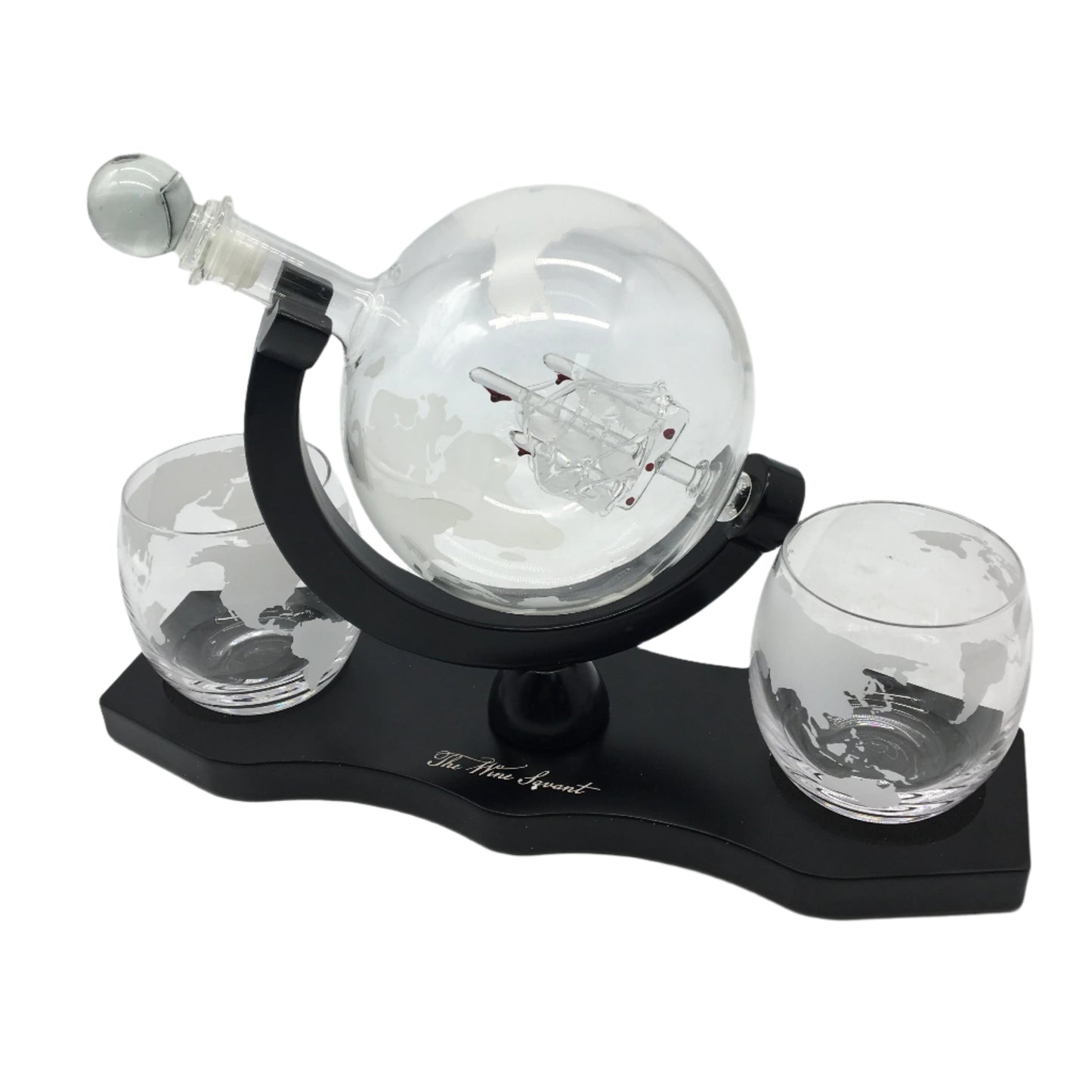 The Wine Savant Antique Ship Whiskey & Wine Globe Decanter 2 Whiskey Glasses NEW