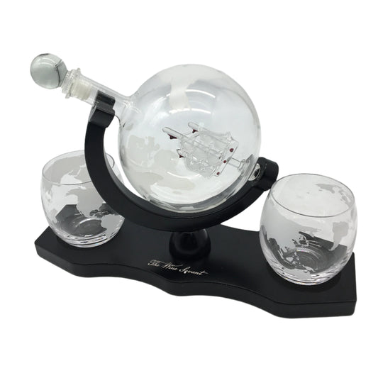 The Wine Savant Antique Ship Whiskey & Wine Globe Decanter 2 Whiskey Glasses NEW