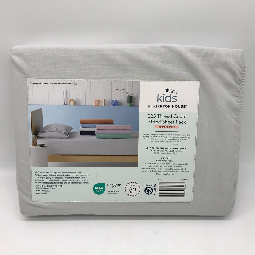 Kids by Kirkton House 225TC Grey Fitted Sheet Pack KING SINGLE NEW