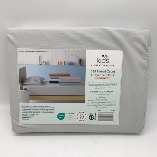 Kids by Kirkton House 225TC Grey Fitted Sheet Pack KING SINGLE NEW