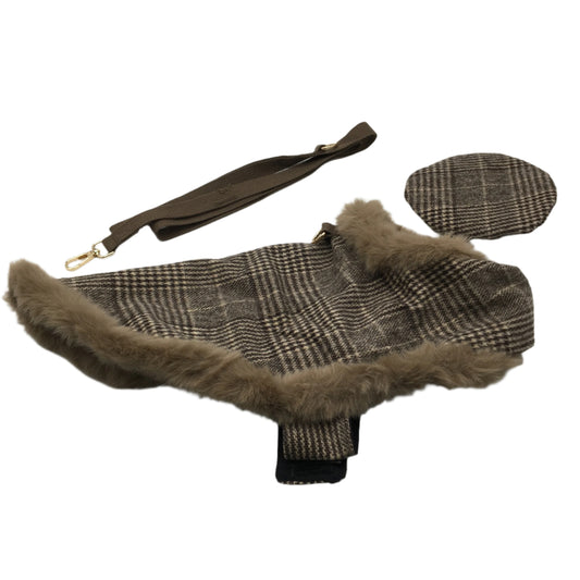 Milo & Mink Brown Plaid Faux Fur Trim Dog Coat Harness With Hat & Leash Size XS