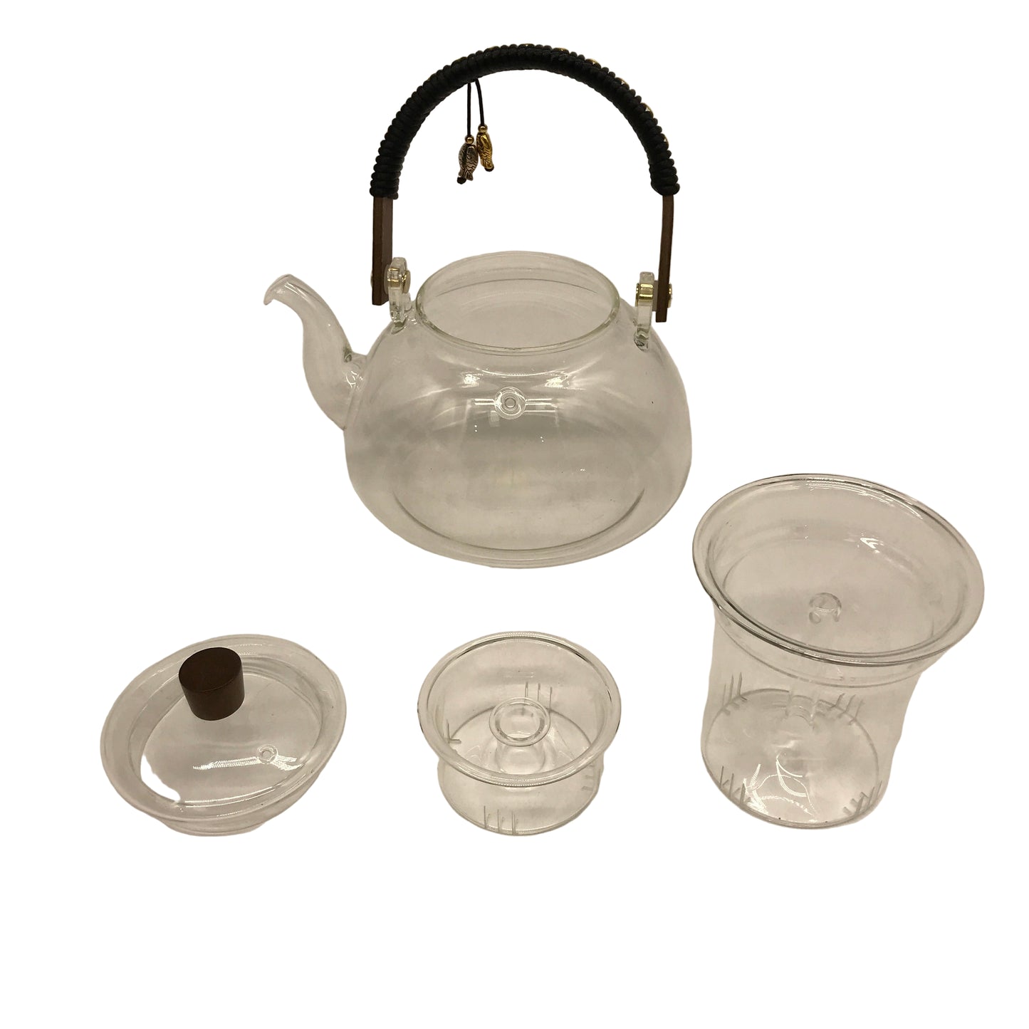 950ml Japanese Style Clear Glass Wooden Detail Teapot with Removable Infuser NEW